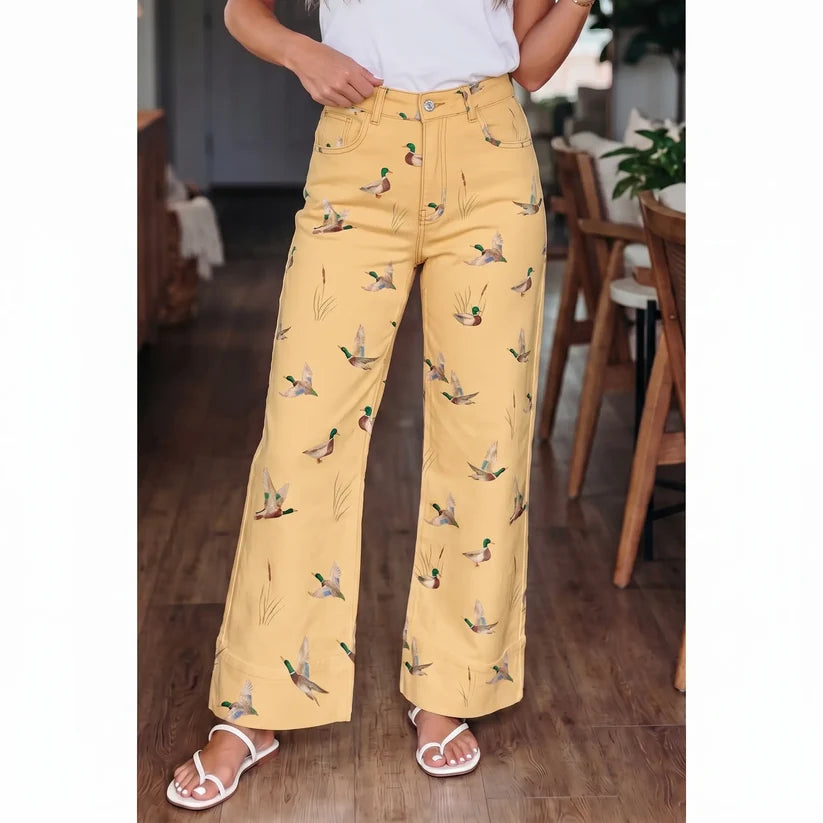 Women's Wide-Leg Jeans with Mallard Duck Print