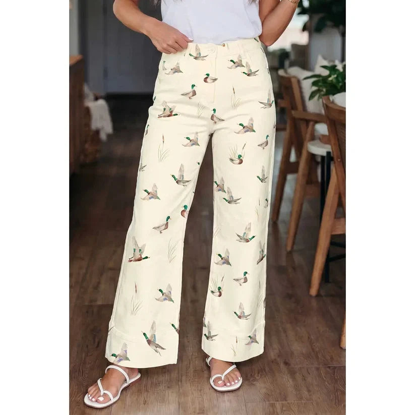 Women's Wide-Leg Jeans with Mallard Duck Print