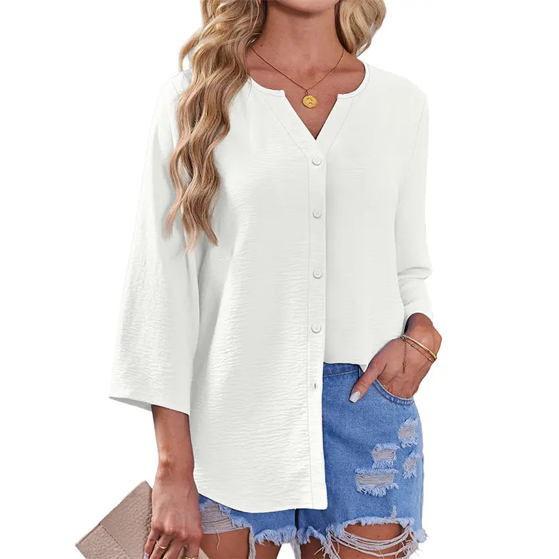 Soft Flowing V-Neck Button Shirt – Modern Casual Chic Blouse