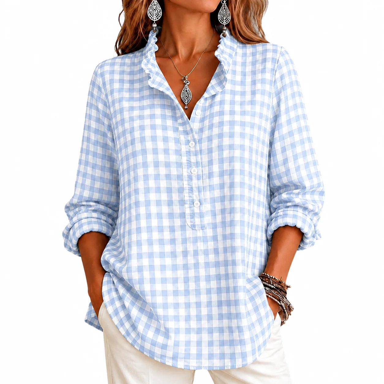 Women's Gingham Ruffle Casual Long Sleeve Shirt
