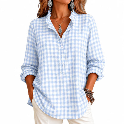 Women's Gingham Ruffle Casual Long Sleeve Shirt