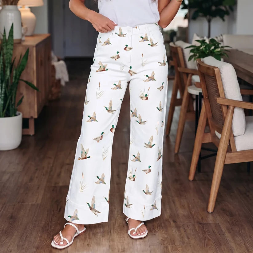 Women's Wide-Leg Jeans with Mallard Duck Print