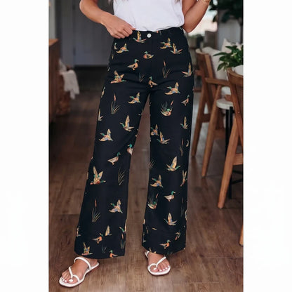 Women's Wide-Leg Jeans with Mallard Duck Print