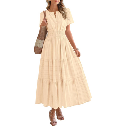 Women's Casual Maxi Dress – V Neck Short Sleeve Elastic Waist A-Line Dress with Pockets