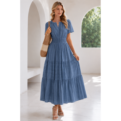 Women's Casual Maxi Dress – V Neck Short Sleeve Elastic Waist A-Line Dress with Pockets