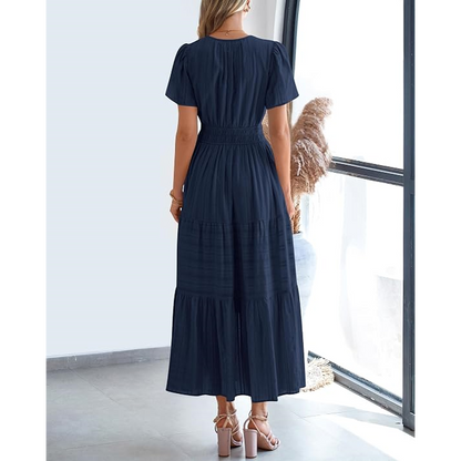 Women's Casual Maxi Dress – V Neck Short Sleeve Elastic Waist A-Line Dress with Pockets