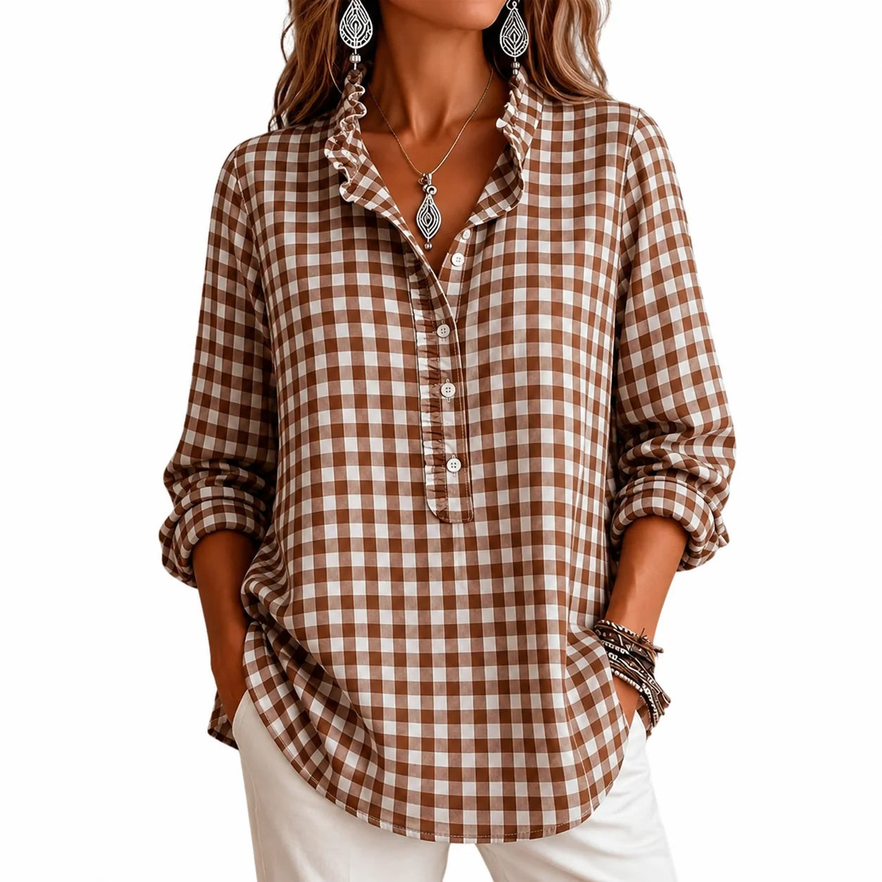 Women's Gingham Ruffle Casual Long Sleeve Shirt
