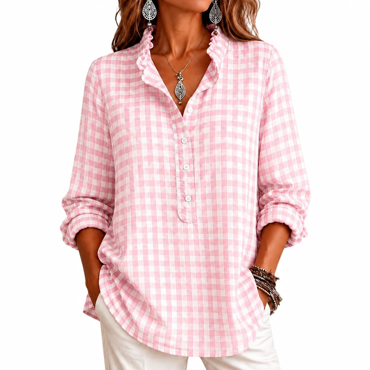 Women's Gingham Ruffle Casual Long Sleeve Shirt