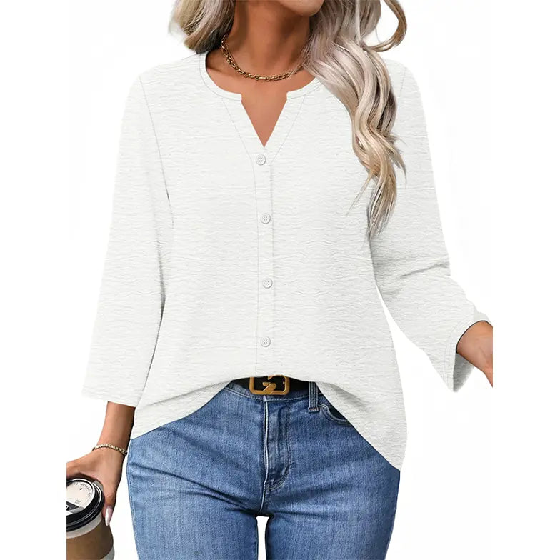 Soft Flowing V-Neck Button Shirt – Modern Casual Chic Blouse