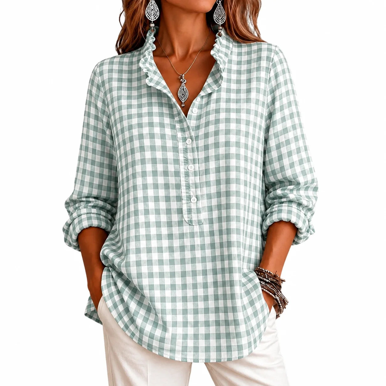 Women's Gingham Ruffle Casual Long Sleeve Shirt