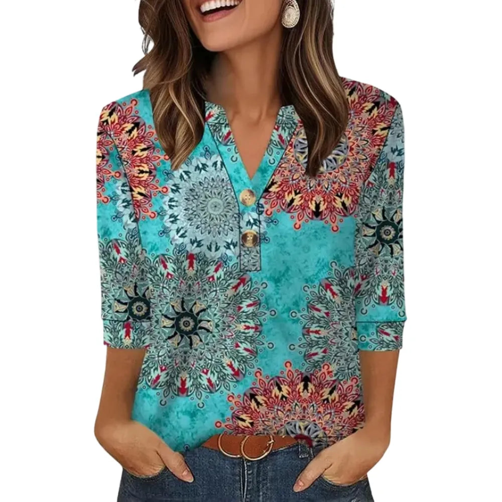 Women's Casual 3/4 Sleeve Henley Shirt – Soft & Breathable Everyday Blouse