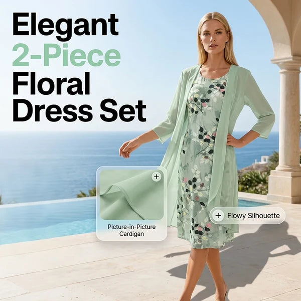 Women's Elegant Chiffon Dress & Cardigan 2-Piece Set